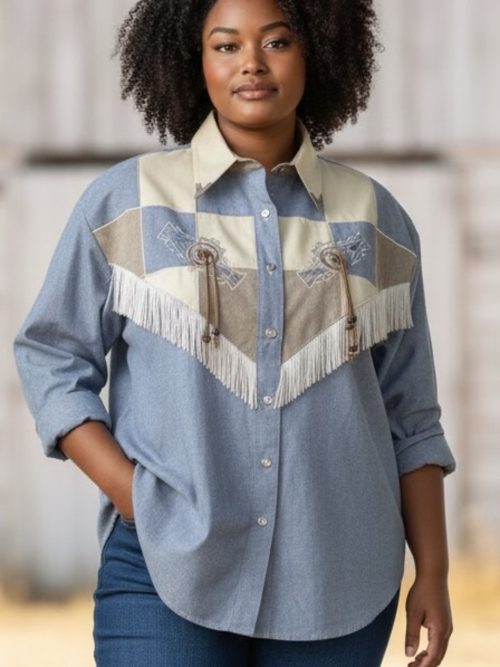80s WESTERN 1849 AUTHENTIC RANCHWEAR COWGIRL BUTTON DOWN BLOUSE W FRINGE SZ L